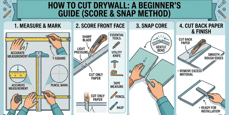 drywall score-and-snap method step by step diagram